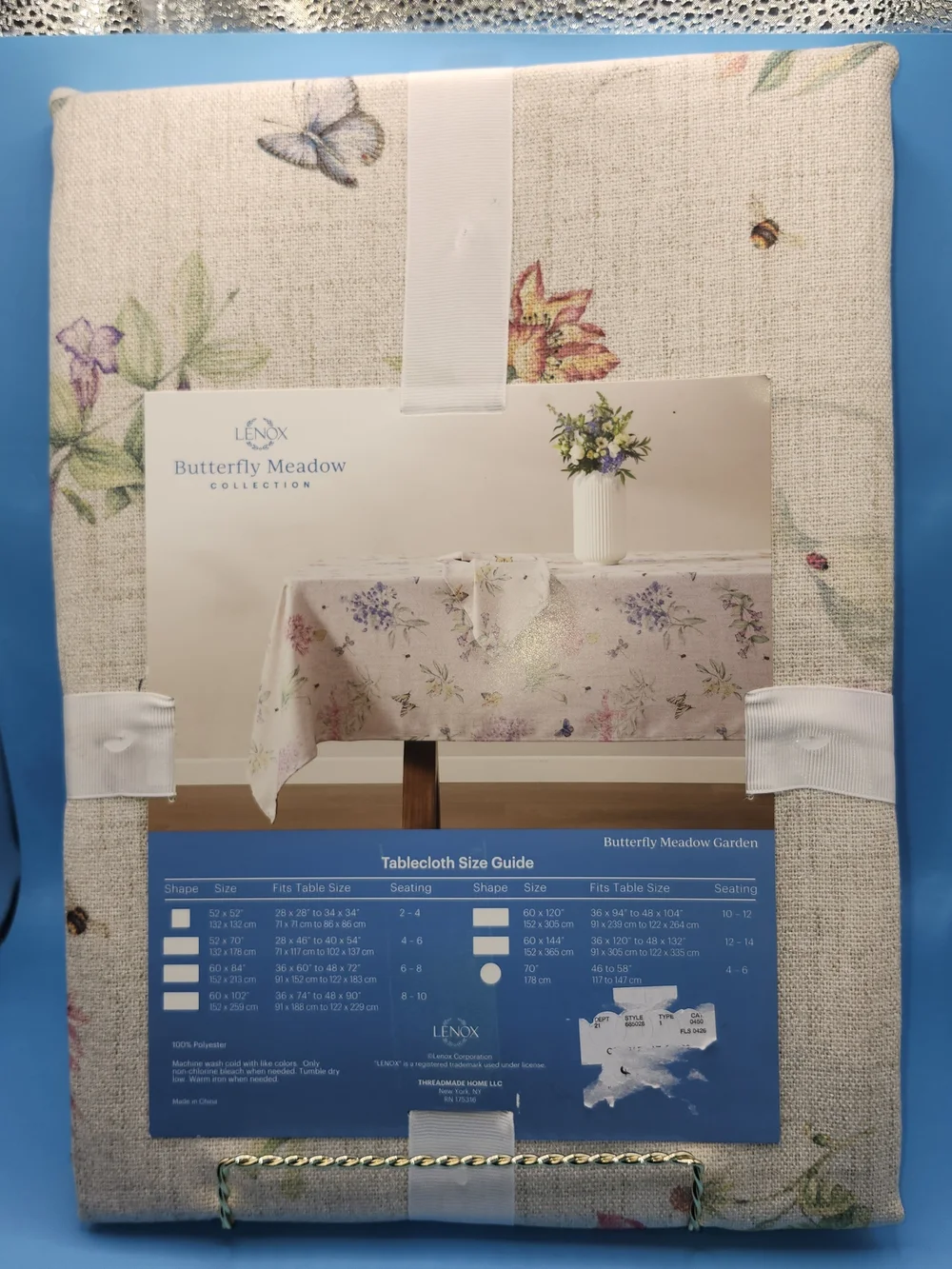 Lenox Butterfly Meadow Tablecloth in Cream with Blue and Yellow Accents 52x52